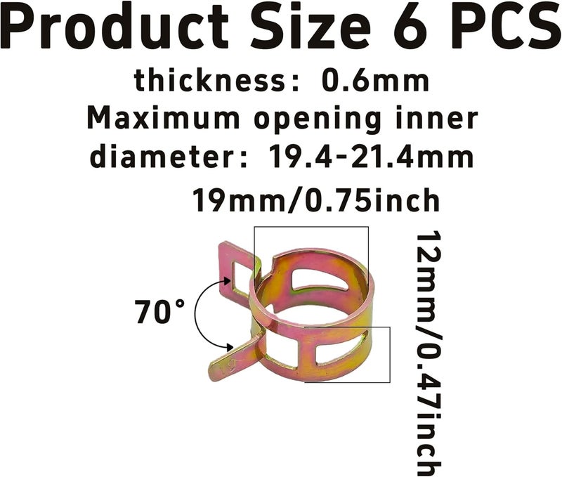 AUXBC 6Pcs 3/4inch Spring Band Type Fuel Hose Clamps, 19mm Silicone Vacuum Hose Pipe Clamp Fasteners, Water Pipe Air Tube Clamps, Fit 19.4-21.4mm OD Hose - Image 2
